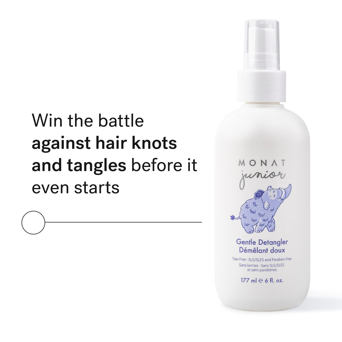 MONAT Junior spray nozzle close-up demonstrating smooth mist for gentle detangling