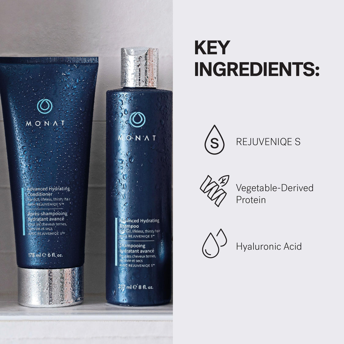MONAT pouring shampoo into hand demonstrating lathering and gentle cleanse benefit