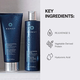 MONAT pouring shampoo into hand demonstrating lathering and gentle cleanse benefit