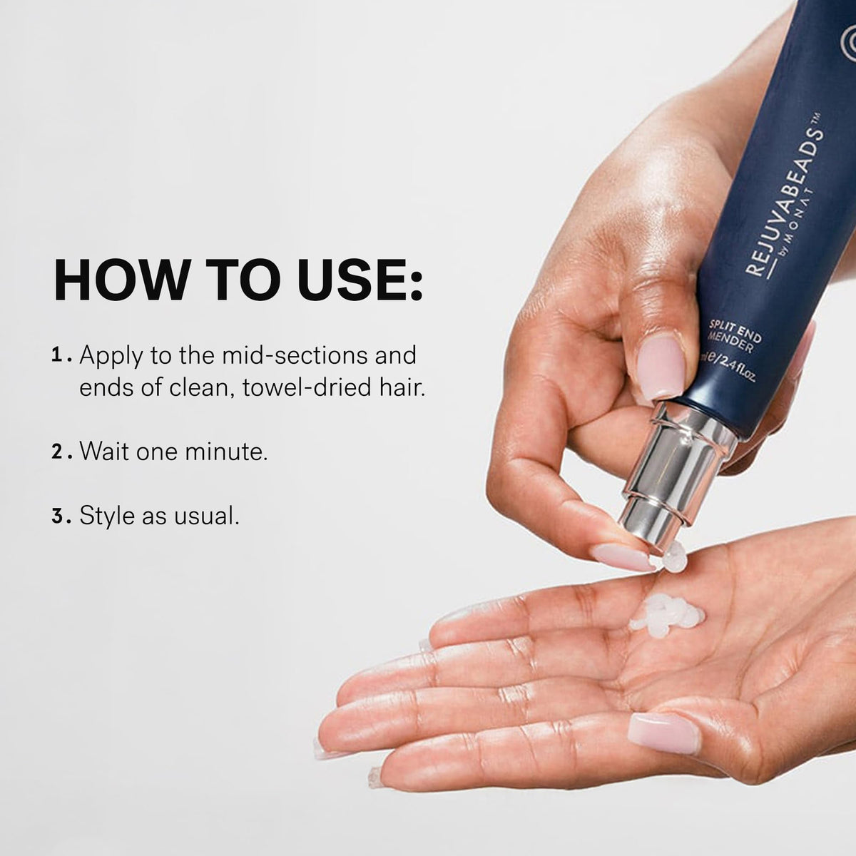MONAT Rejuvabeads side-by-side before and after ends showing reduced split appearance