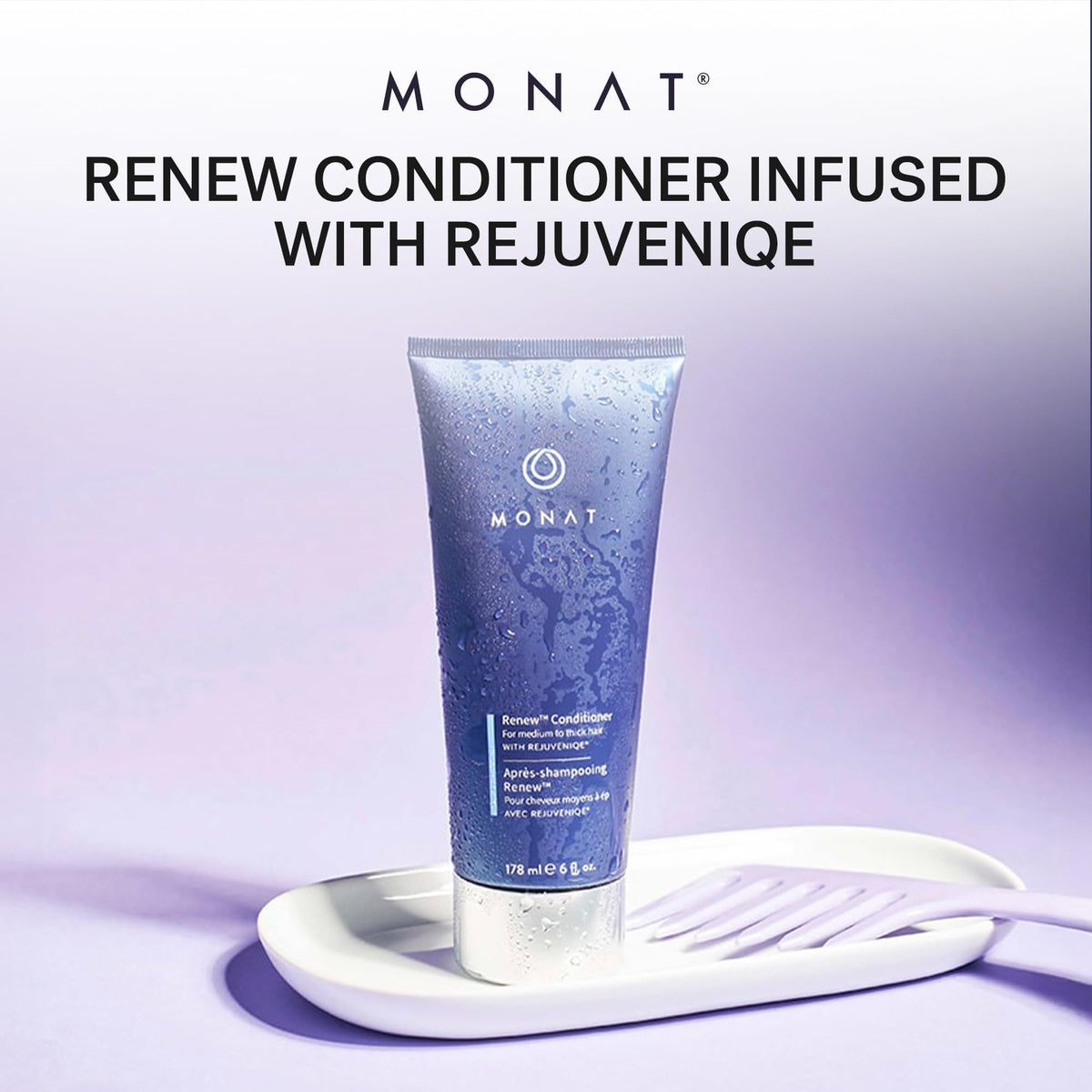 MONAT conditioner being applied to wet hair in hand for easy detangling
