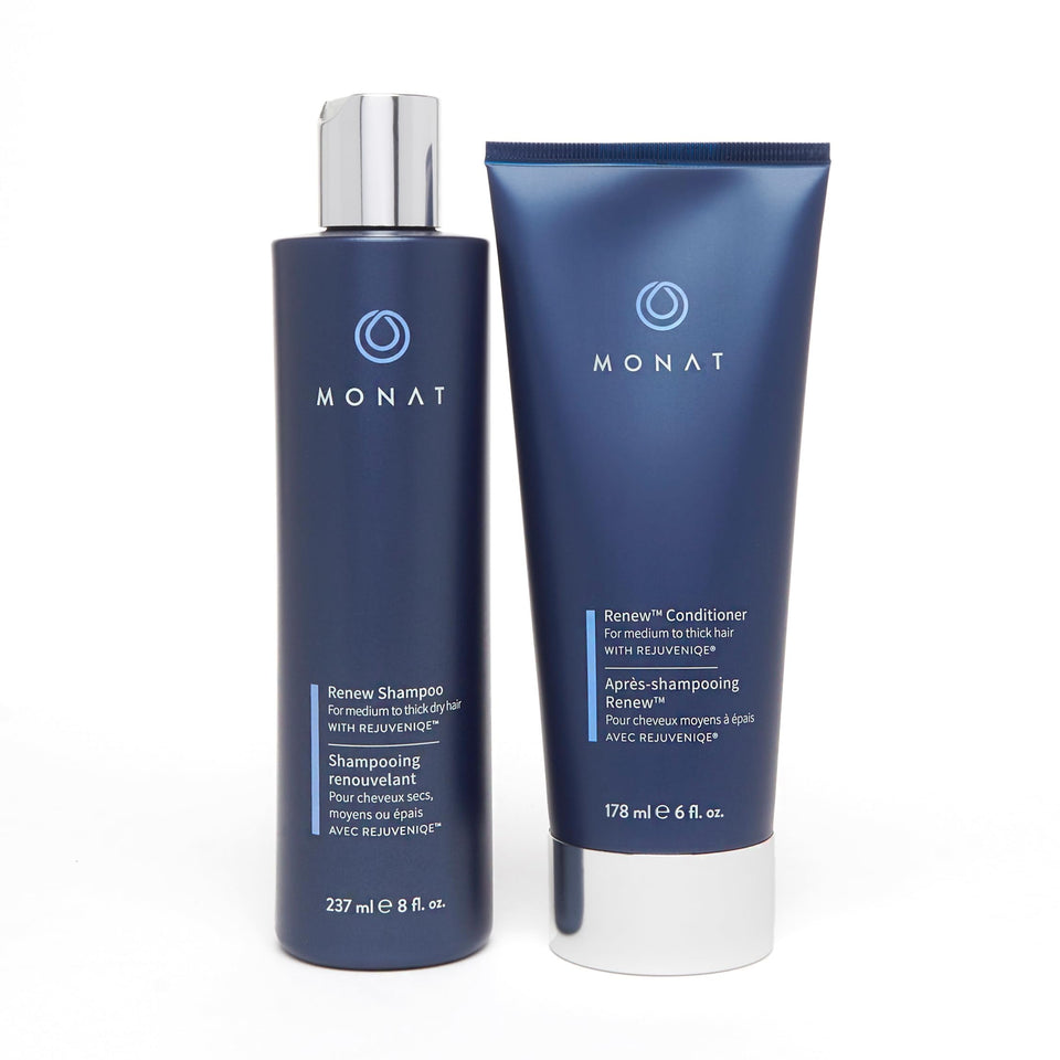 MONAT Renew front packaging showing shampoo and conditioner for hydration