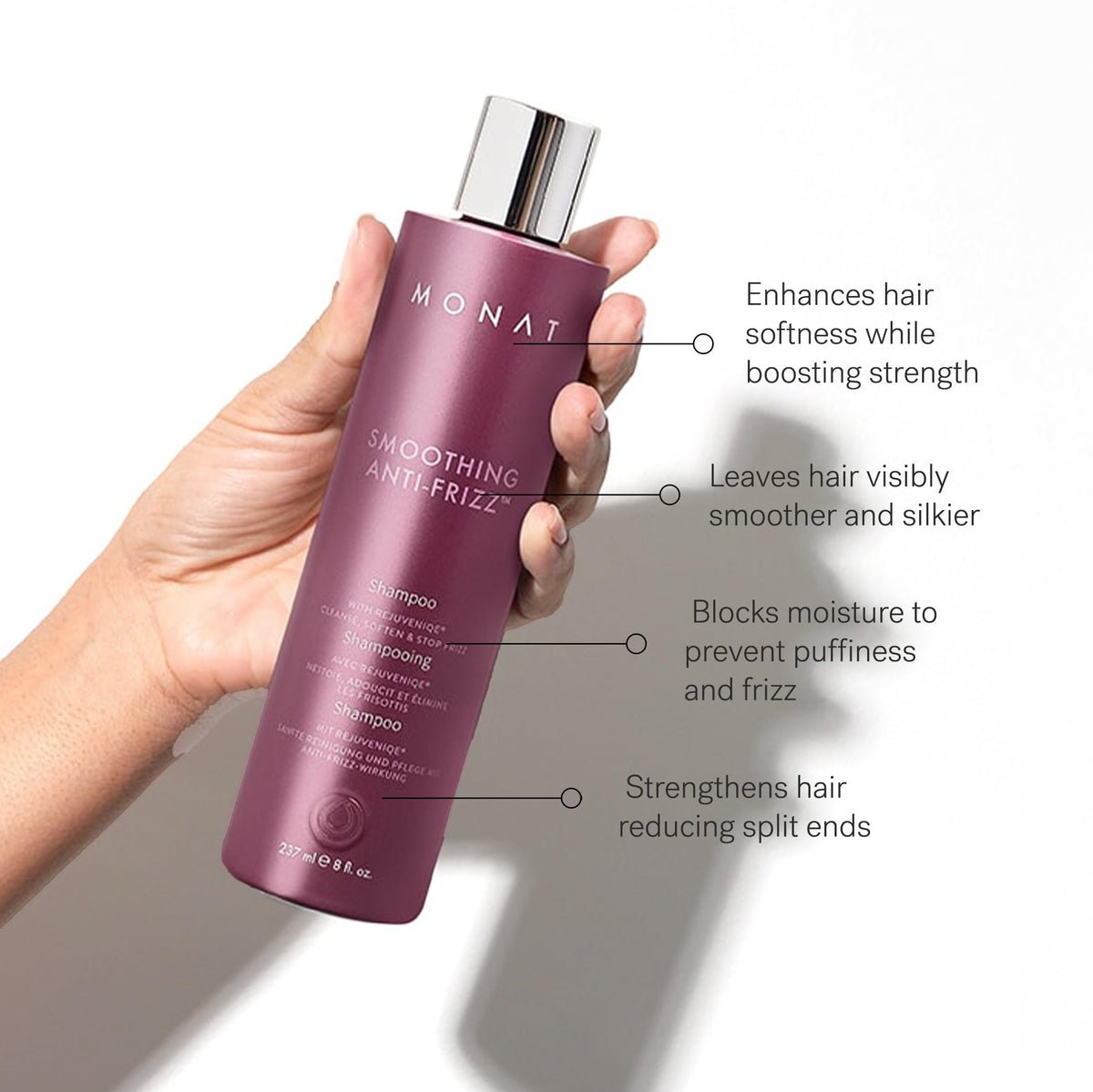 MONAT smoothing set styled on a bathroom shelf conveying everyday use and elegant presentation