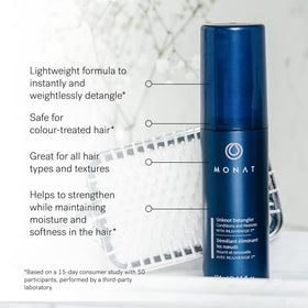 MONAT Unknot Detangler bottle label detail highlighting REJUVENIQE S and Fiber Rescue benefits