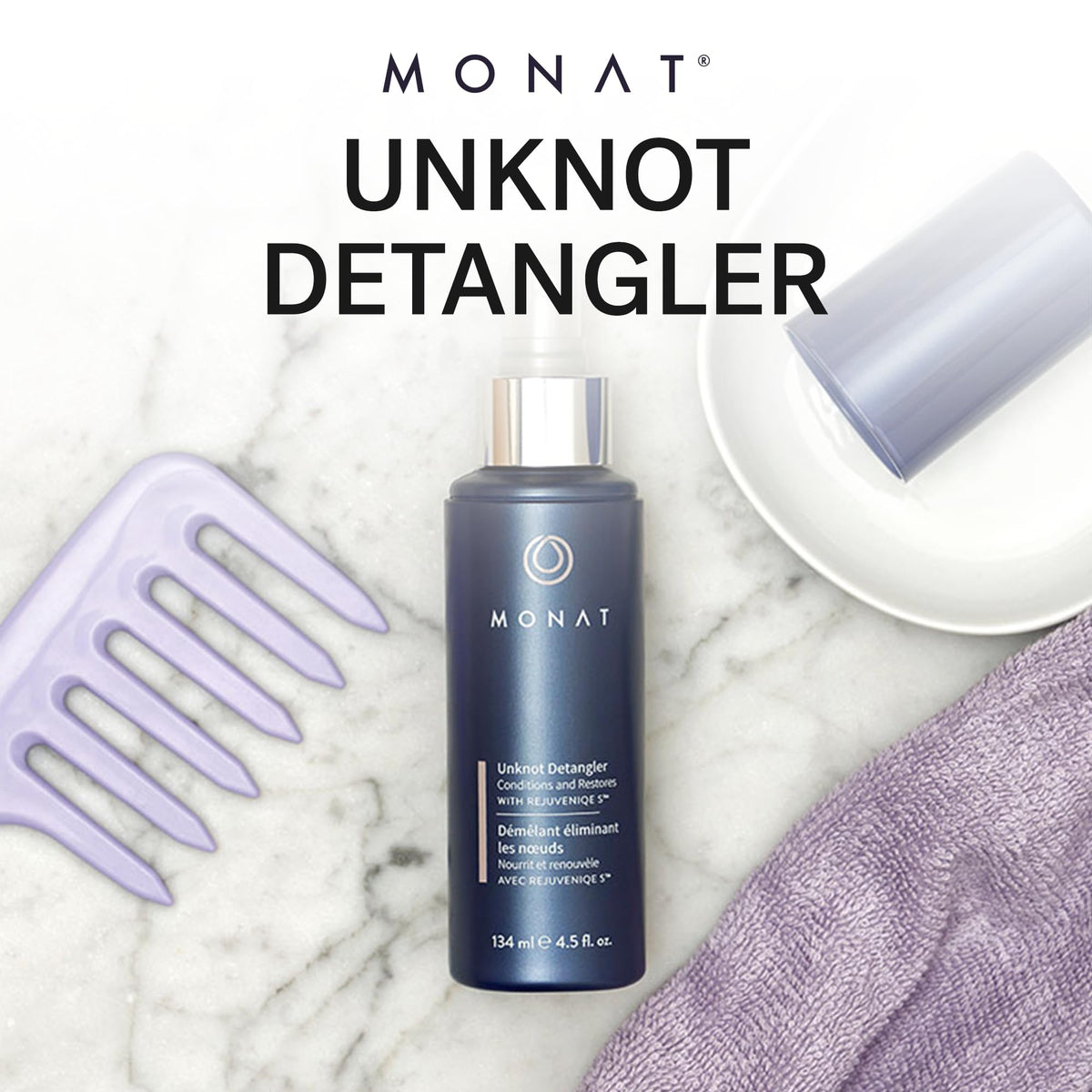 MONAT Unknot Detangler texture mist on hair showing lightweight finish and instant slip benefit