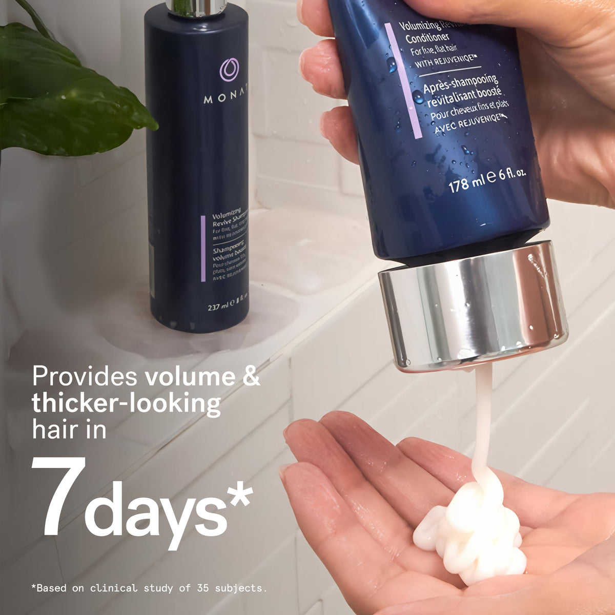 MONAT bottle label detail highlighting REJUVENIQE and ingredient benefits