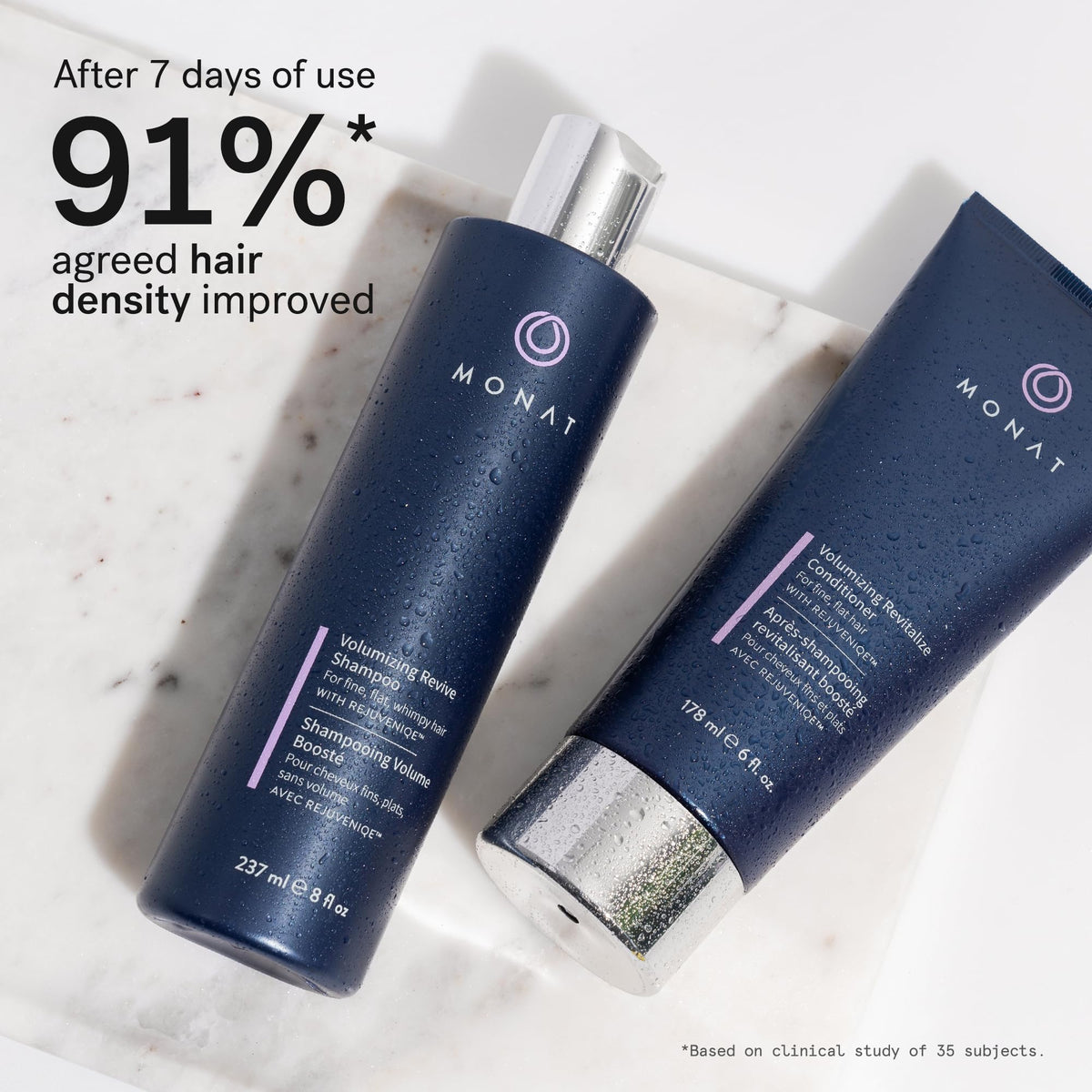 MONAT shampoo pouring from bottle illustrating gentle cleansing action