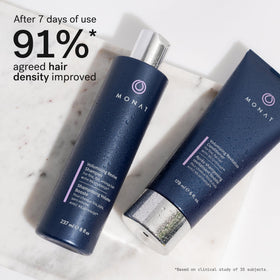 MONAT shampoo pouring from bottle illustrating gentle cleansing action