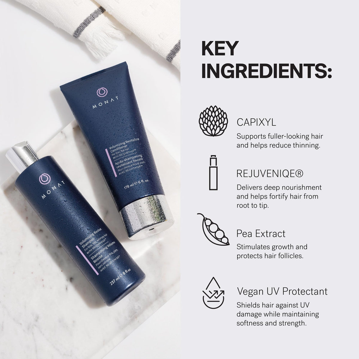 MONAT bottles in hand for scale showing convenient sizes and portability