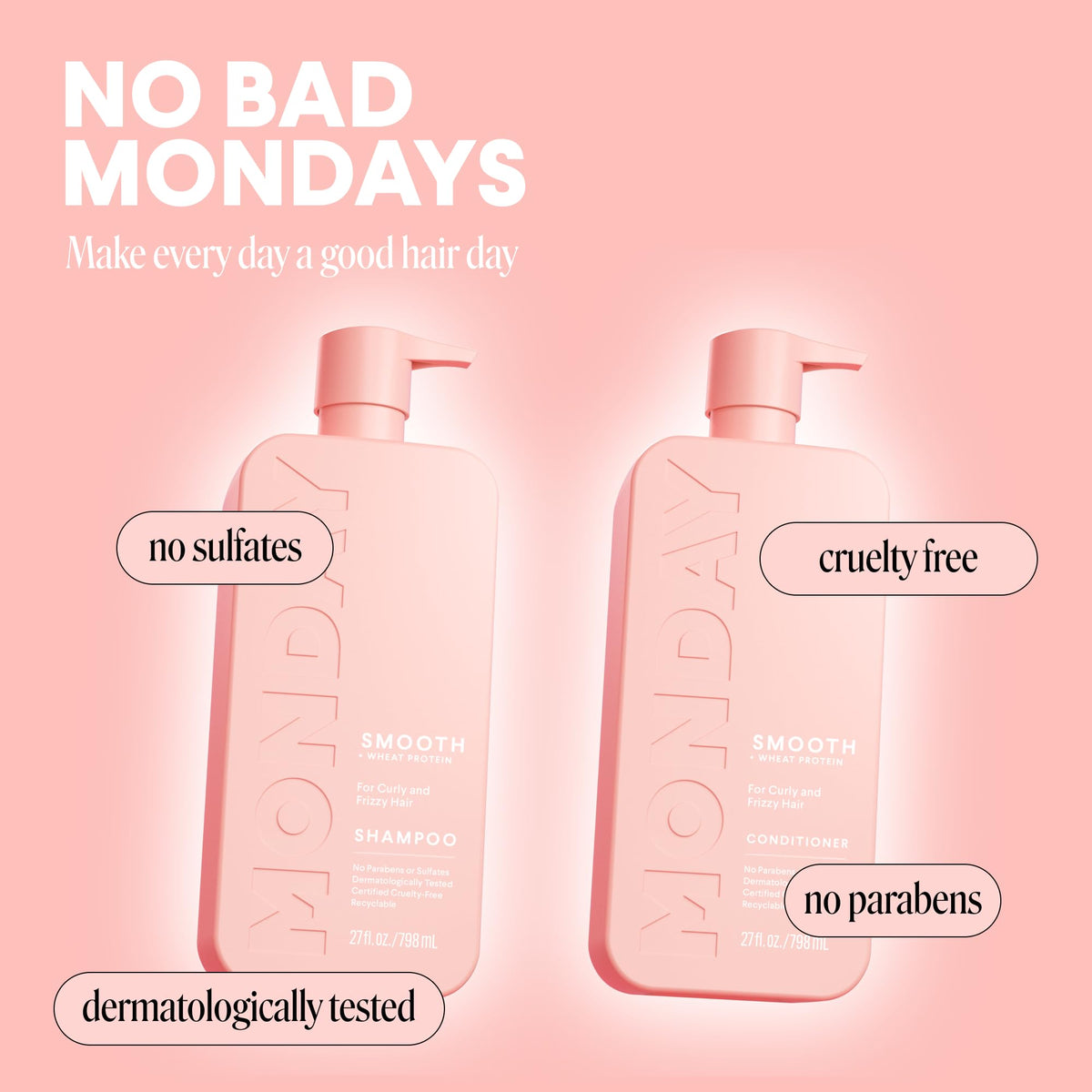 MONDAY HAIRCARE bottle held in hand to show 27 oz size and scale