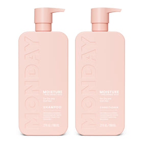 MONDAY HAIRCARE front packaging showing moisturizing shampoo and conditioner benefit
