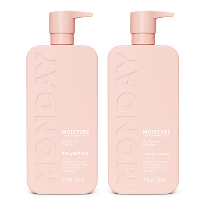 MONDAY HAIRCARE front packaging showing moisturizing shampoo and conditioner benefit