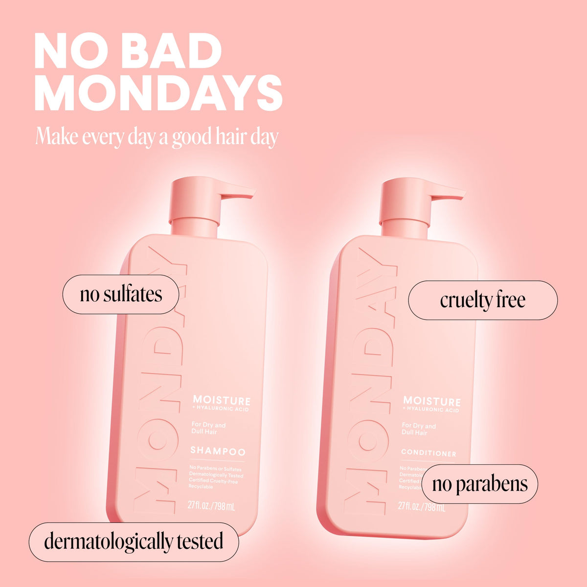 MONDAY HAIRCARE size comparison showing 27 oz bottles for long-lasting use benefit