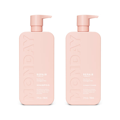 MONDAY HAIRCARE front packaging showing repair duo and benefits