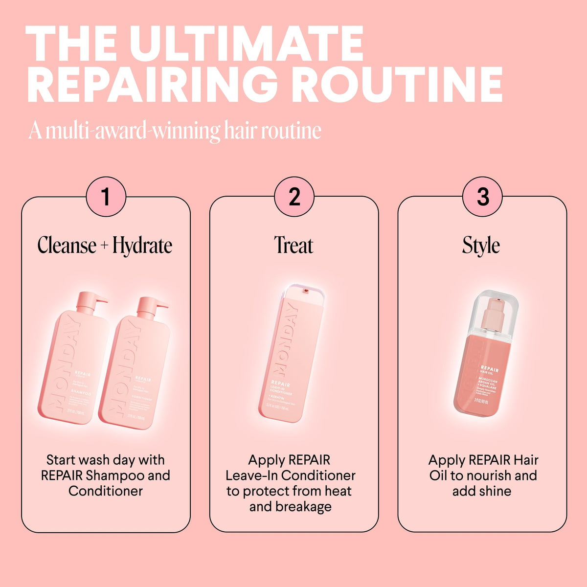 MONDAY HAIRCARE bottle held in hand showing 798 ml size comparison