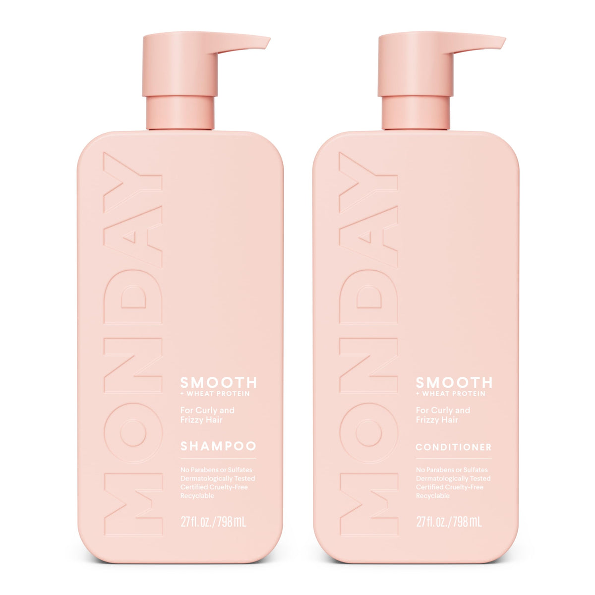 MONDAY HAIRCARE front packaging showing smooth two-bottle set and benefits