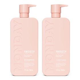 MONDAY HAIRCARE front packaging showing smooth two-bottle set and benefits
