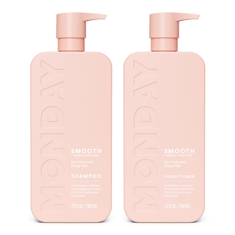 MONDAY HAIRCARE front packaging showing smooth two-bottle set and benefits