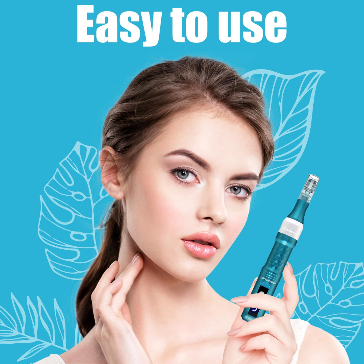 MONESAO derma pen held in hand illustrating ergonomic grip and easy control benefits