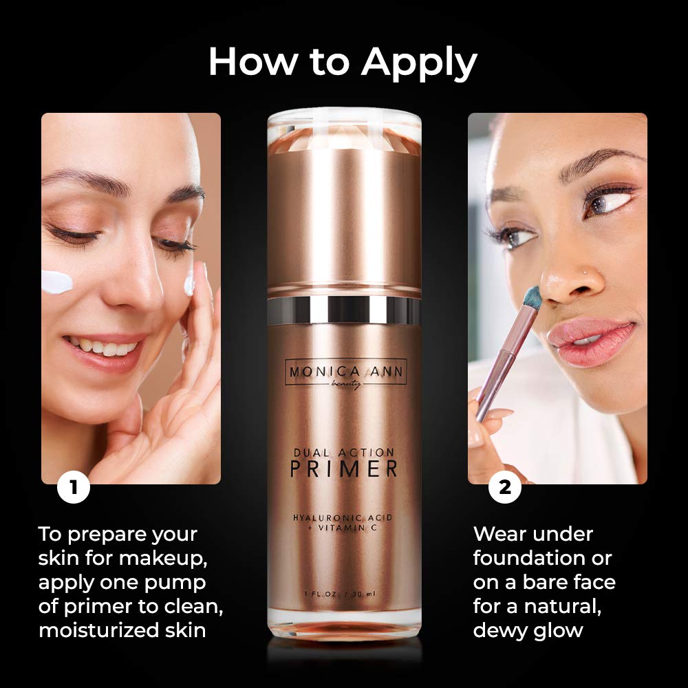 Monica Ann Beauty pump dispensing primer highlighting easy application benefit