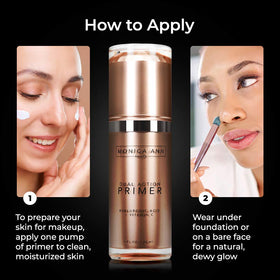 Monica Ann Beauty pump dispensing primer highlighting easy application benefit