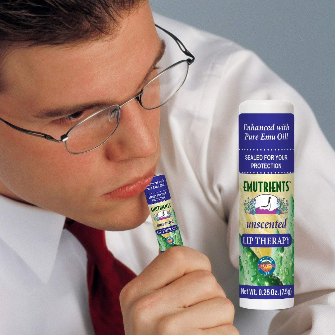 Montana Emu Ranch lip balm being applied to lips demonstrating easy targeted moisture
