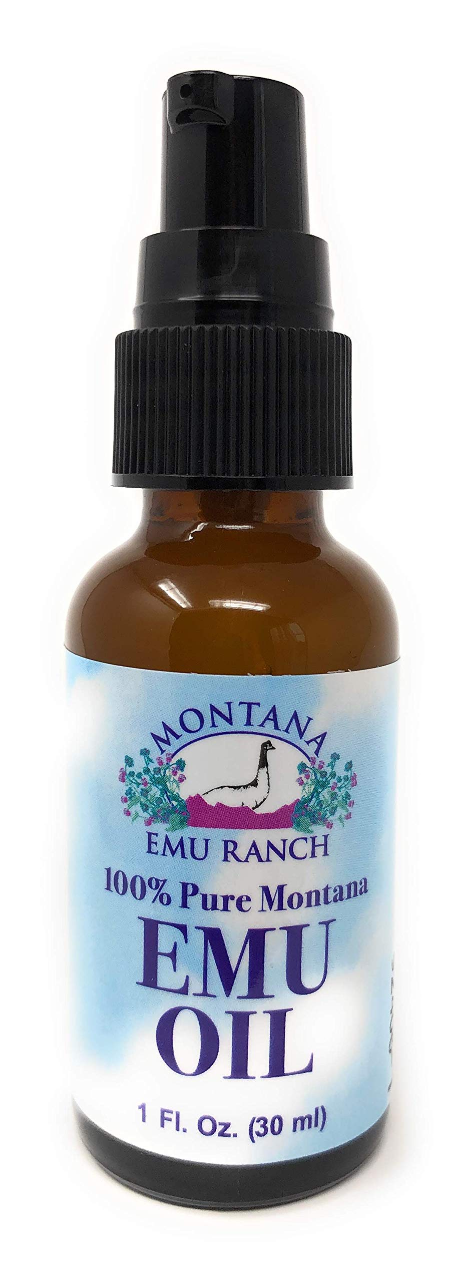 Montana Emu Ranch 1 oz bottle next to a coin showing compact travel-friendly size