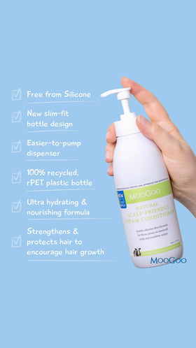Hand holding MooGoo bottle to show size and travel-friendly benefit