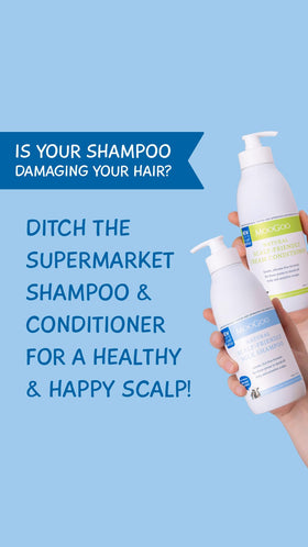 MooGoo conditioner on bathroom shelf conveying everyday family-friendly use
