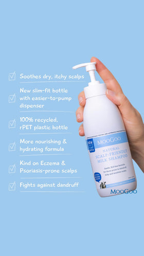 MooGoo shampoo being poured to show creamy texture and mild cleansing benefit