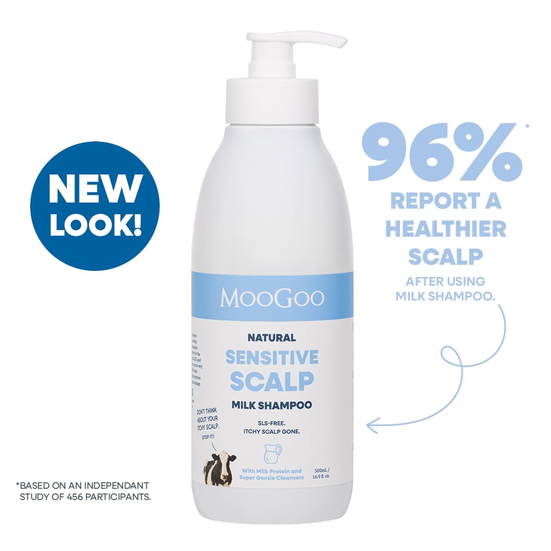 MooGoo milk shampoo pump closeup for easy dispensing and mild cleanse