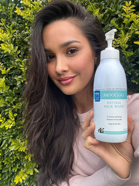 MooGoo creamy texture close-up highlighting gentle lather and moisturizing feel on skin