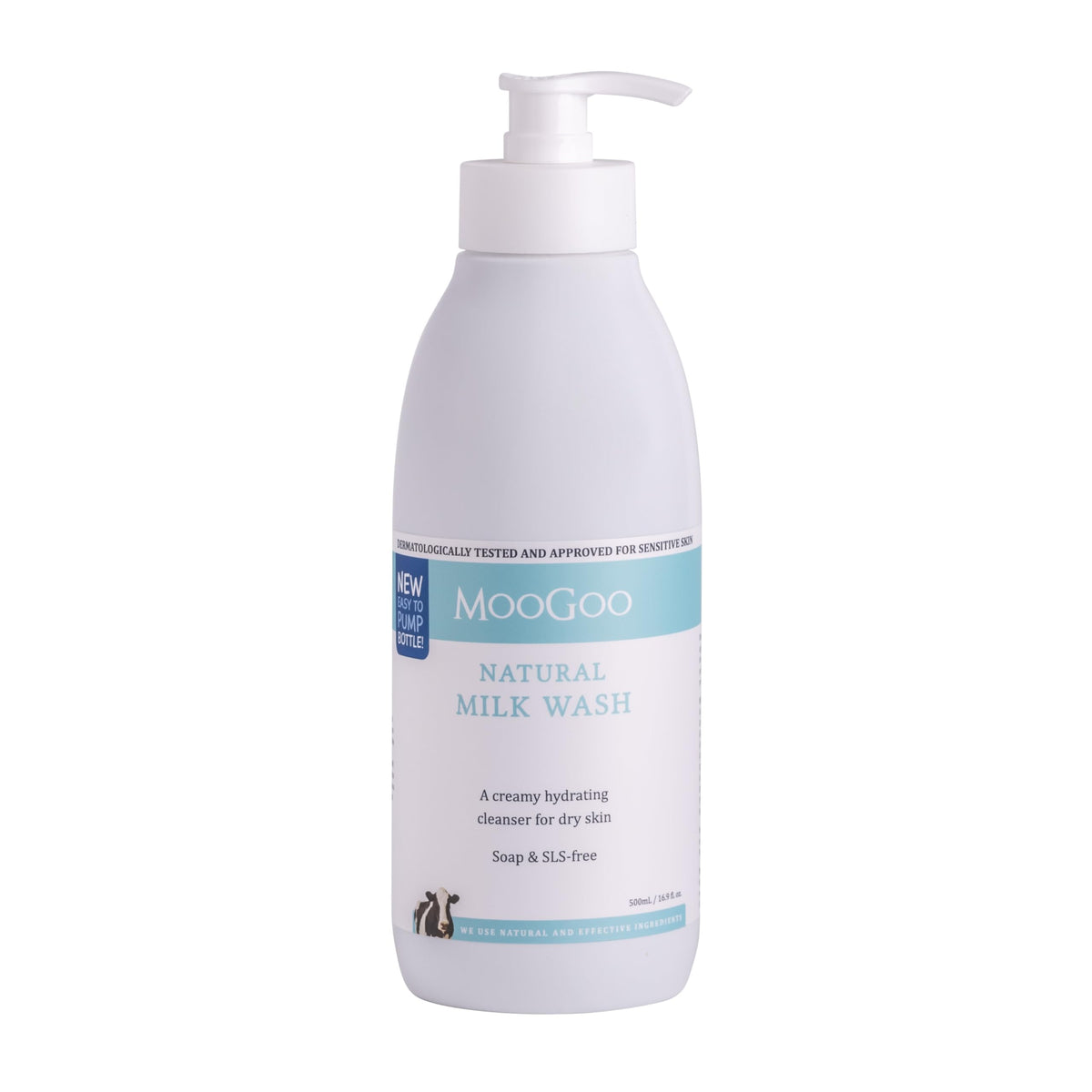 MooGoo front bottle shot showing pump and label, clear product identification and convenience