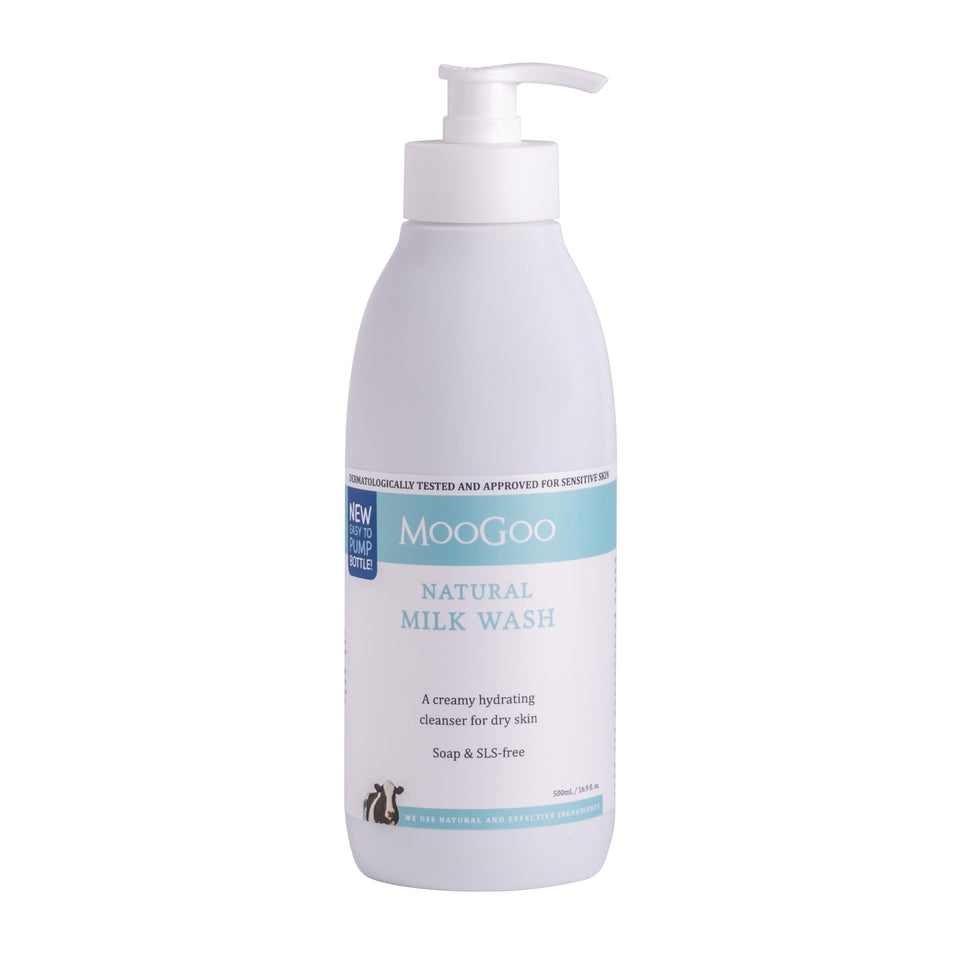 MooGoo front bottle shot showing pump and label, clear product identification and convenience