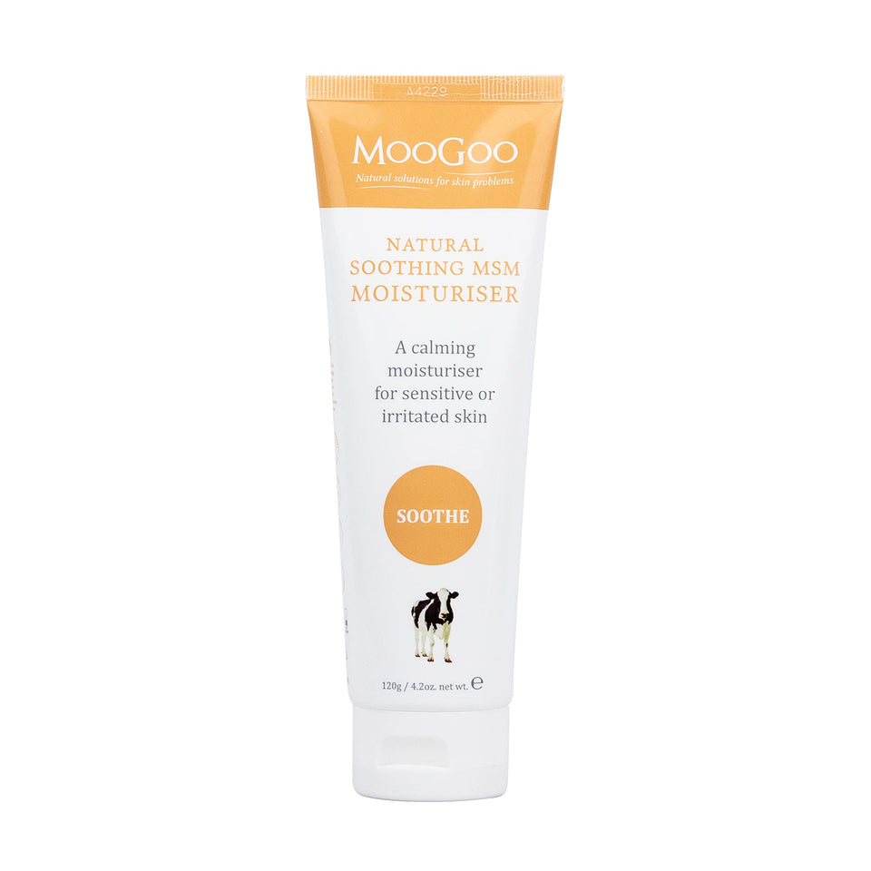 MooGoo front packaging showing calming moisturiser and gentle branding benefits