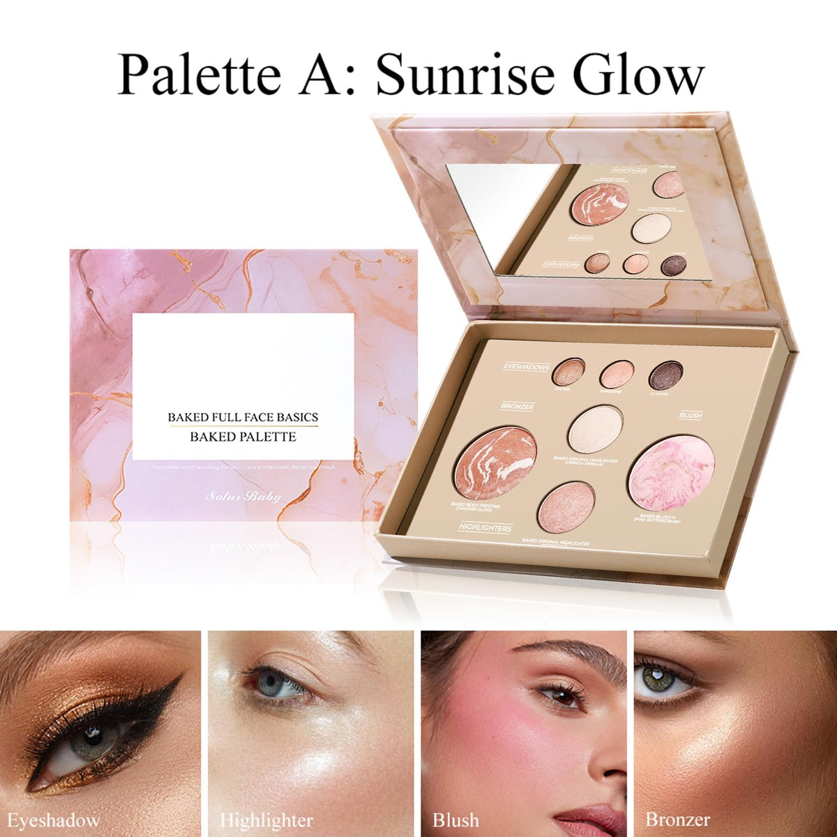 MOOMARTO open palette top view displaying three eyeshadows two highlighters blush bronzer