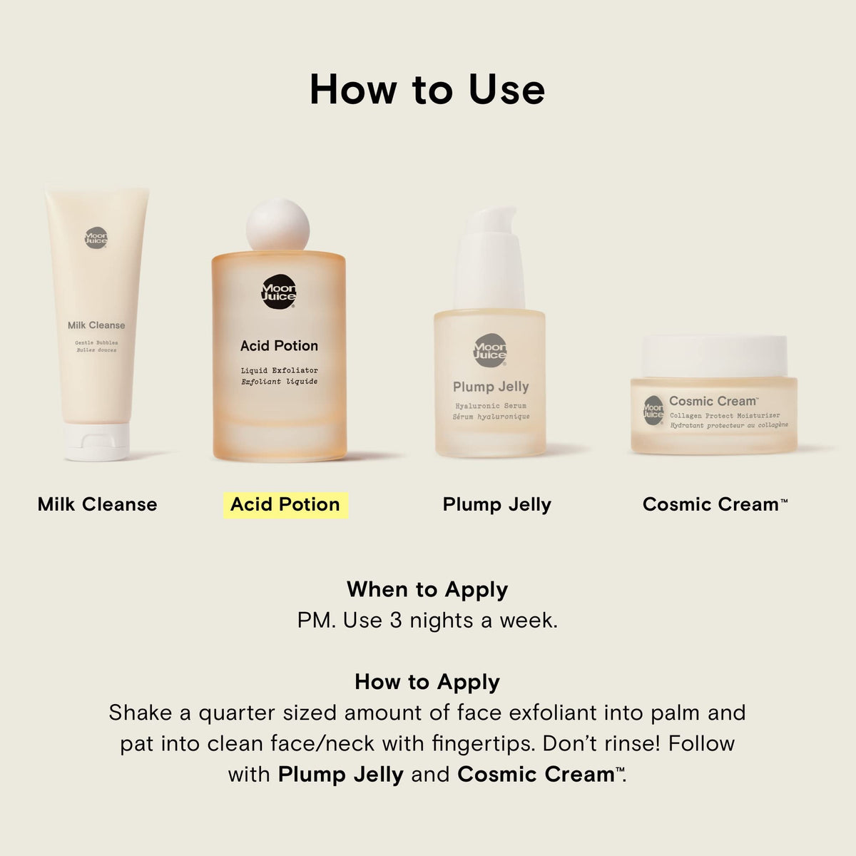 Moon Juice Acid Potion staged on bathroom counter in a nightly routine setup showing calming skincare benefit