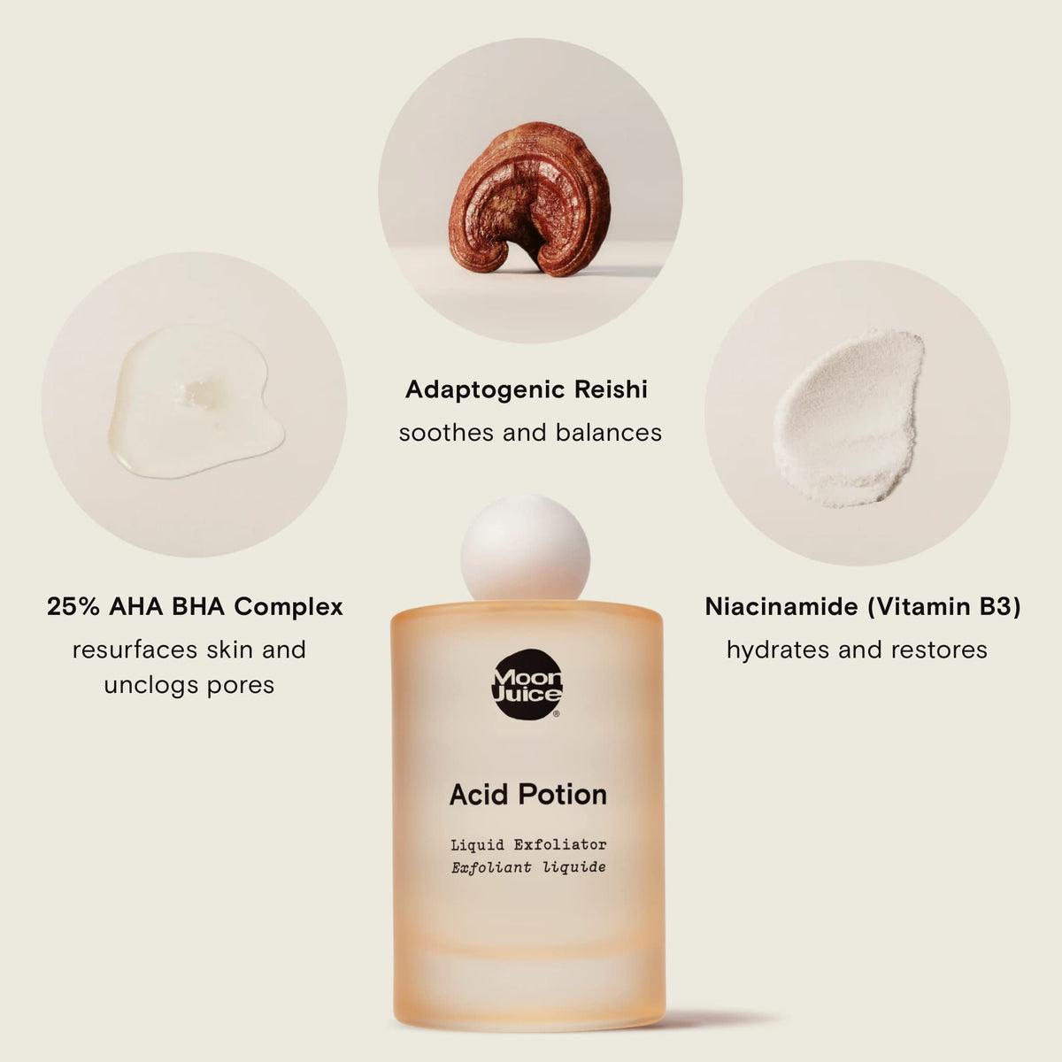 Close-up of Moon Juice Acid Potion liquid texture highlighting lightweight formula and smooth absorption