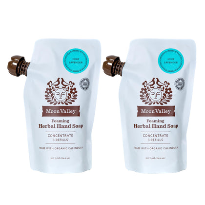Moon Valley Organics front packaging showing mint lavender refill pouch and eco benefits