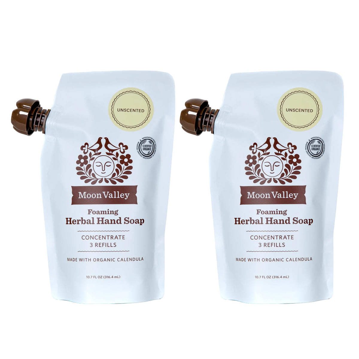 Moon Valley Organics front packaging showing two unscented refill pouches and eco benefit