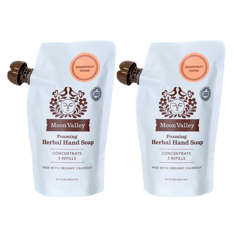 Moon Valley Organics front packaging showing two refill pouches and eco benefit