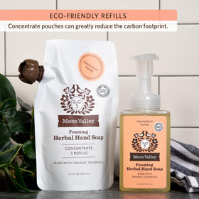 Moon Valley Organics displayed on bathroom counter promoting sustainable refill practice
