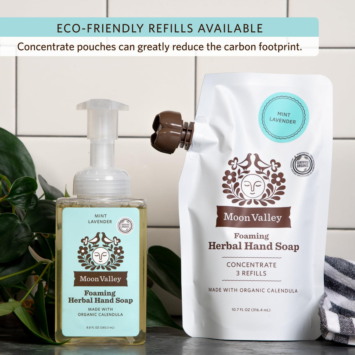 Moon Valley Organics pouch on bathroom counter in lifestyle scene promoting sustainable living