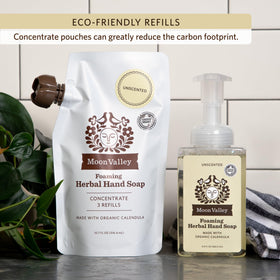 Moon Valley Organics pouches on bathroom shelf in lifestyle setting promoting low-waste routine