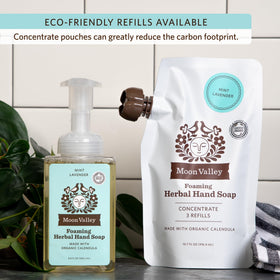 Moon Valley bottles staged in bathroom for lifestyle appeal and eco-friendly choice