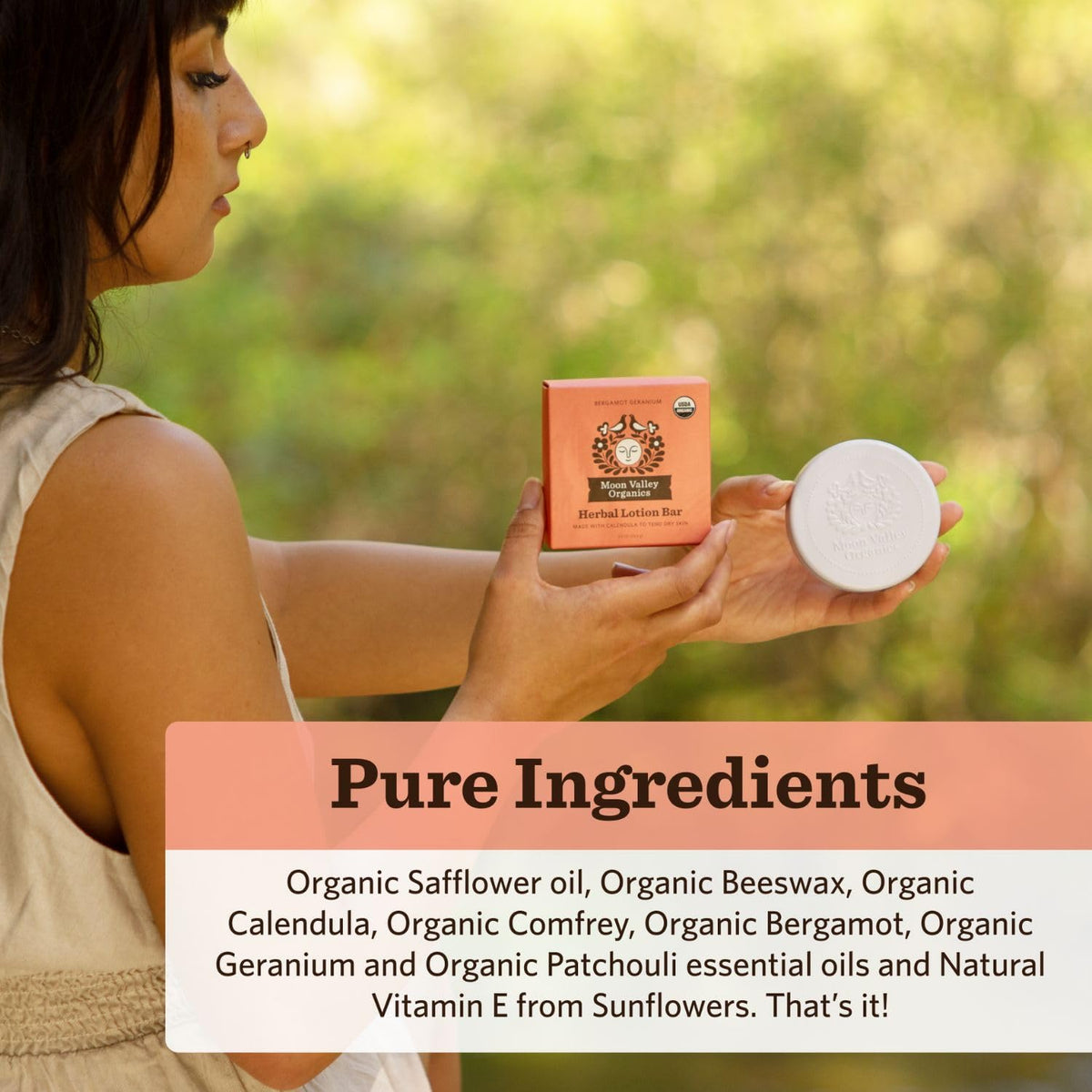Moon Valley Organics bar in hand being applied to dry skin for fast relief