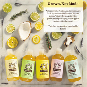 Moon Valley Organics bottle on shower shelf illustrating in-shower use and convenient packaging
