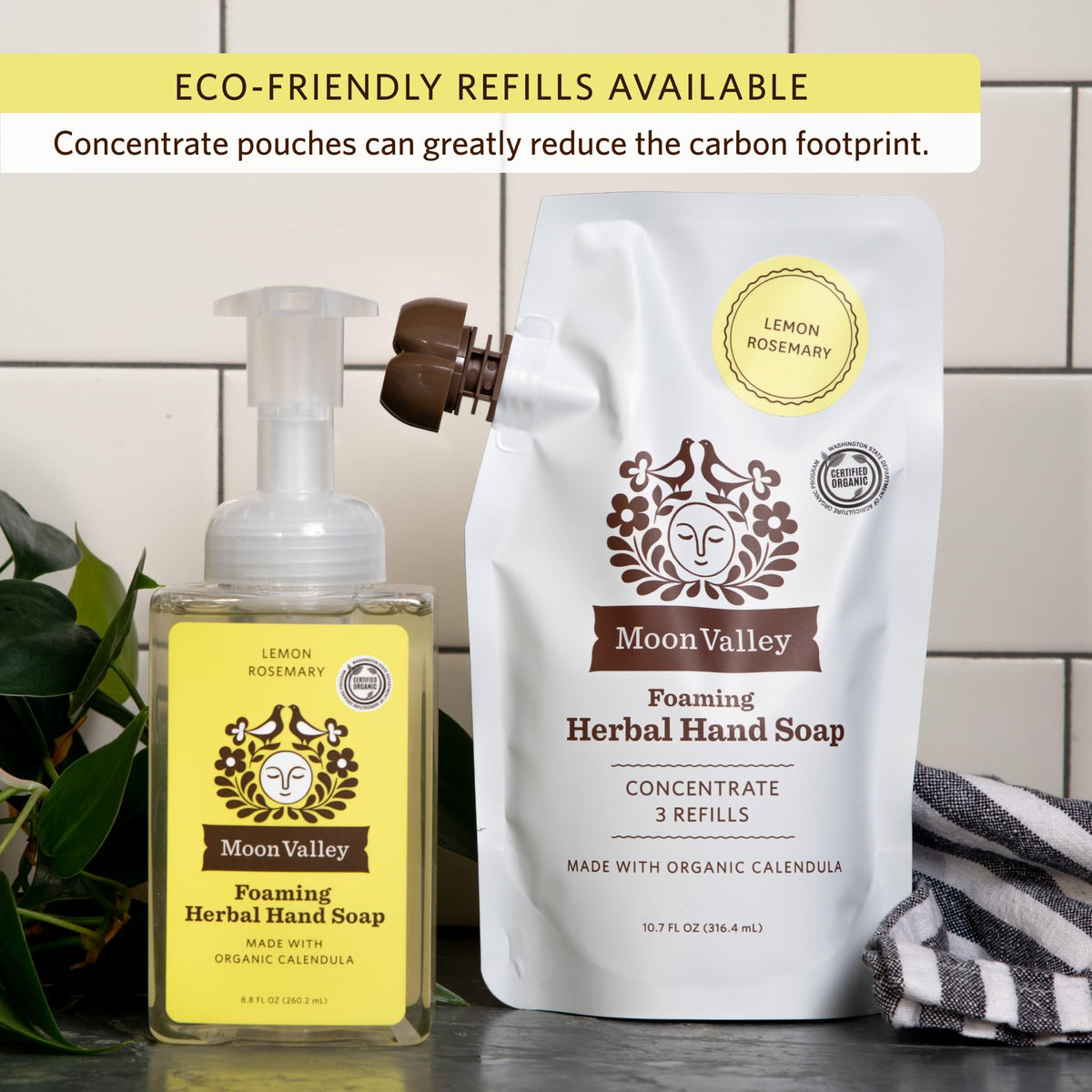 Moon Valley Organics bottles next to a travel item illustrating convenient portable size benefit