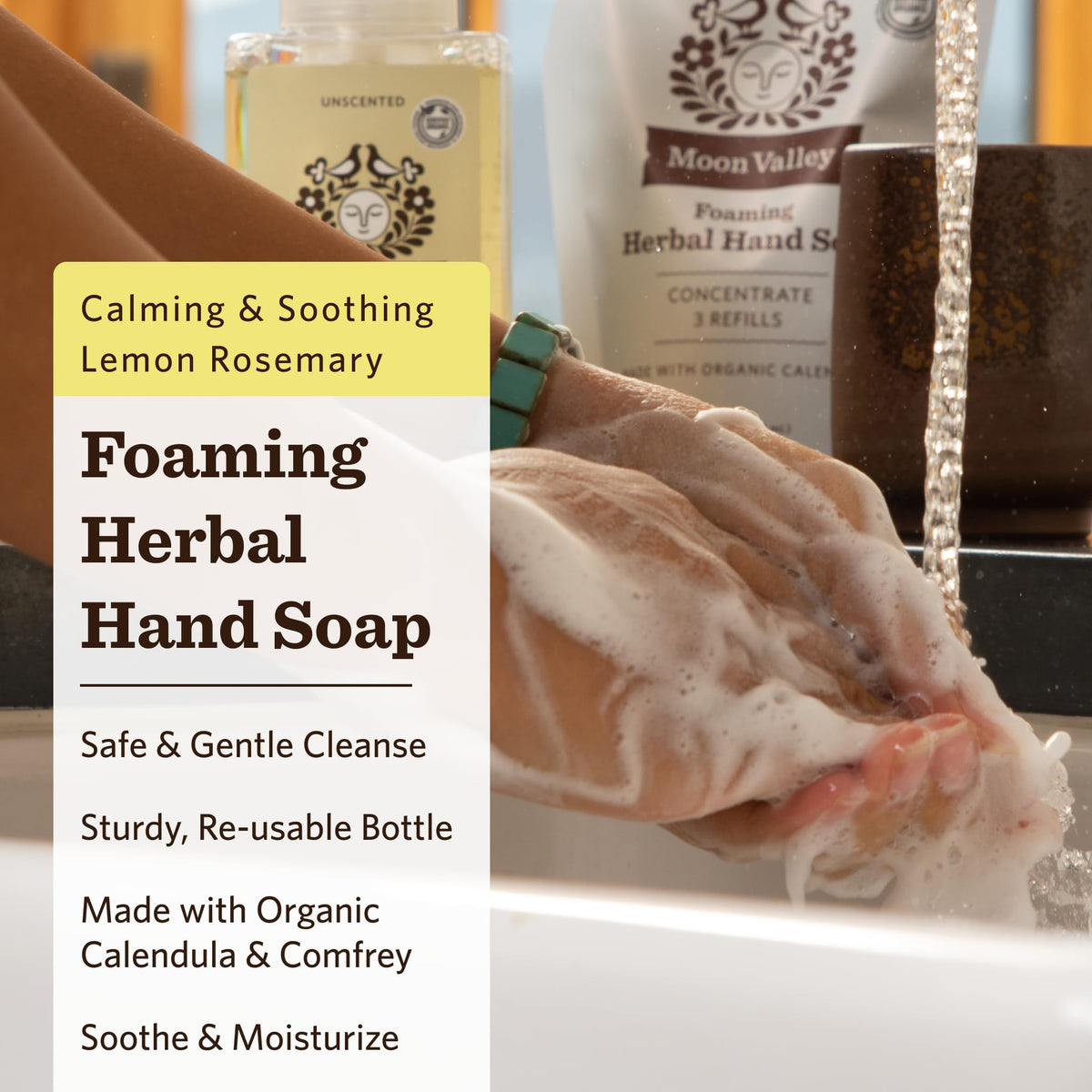Moon Valley Organics foam dispensers producing rich lather for efficient cleansing benefit