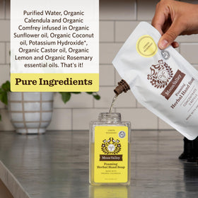 Moon Valley Organics pouring concentrate into foaming dispenser for easy refills